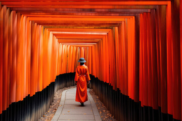 a woman in kimono and orange tori tori gates 