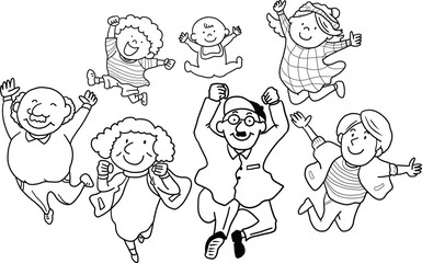 ジャンプするハイテンションのシンプルでかわいい親子孫3世代の家族のイラスト（線画）