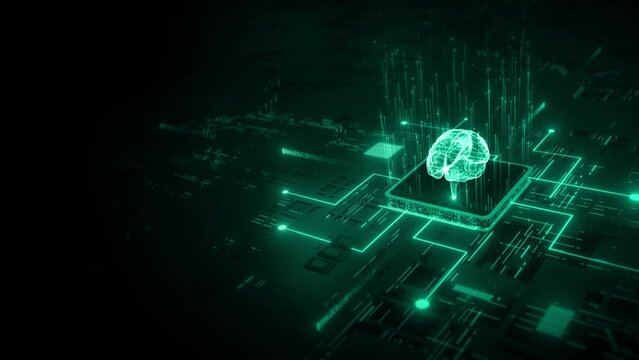 Brain over computer chip on circuit board. Chatbot and learning modern computer technology. Artificial intelligence concept. Technology digital abstract background 4k
