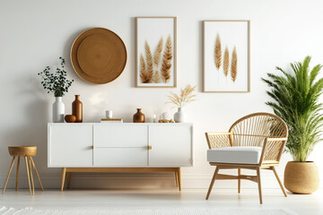 White living room wall. Scandi-boho interior mockup. Free copy space for your photo, text, or design. Rattan armchair, sideboard, pampas grass. Generative AI
