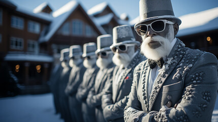 Row of bearded men in stylish suits - ski resort patio - sunglasses - low angle shot - blue skies - stylish - fashion - Christmas - holiday - vacation - holiday - getaway - obrazy, fototapety, plakaty