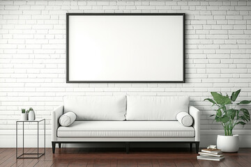 Above the couch, a blank poster template. Brick wall and hardwood flooring. Photo and writing frames. Generative AI