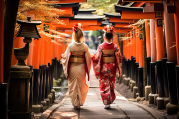 traditional Japanese kimono walking in Higashiyama district in the old town of Kyoto, Japan