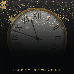 Happy New Year or Christmas card with golden clock. Vector
