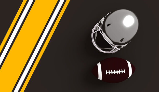 American football helmet and ball with Pittsburgh Steelers team colors background. Template for presentation or infographics. 3D render