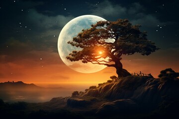 A charming scene with a tree and a beautiful moon. Generative AI