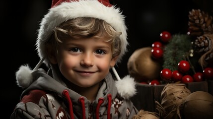 Fototapeta na wymiar portrait of a smiling child wearing christmas hat, copy space, christmas background and wallpaper