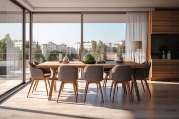 Interior design of dining room with family wooden table and modern chairs in home or apartment.