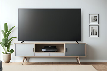 Mockup two tone color wall in living room decor with a tv cabinet. - obrazy, fototapety, plakaty