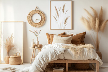 Boho bedroom with white wall, wooden bed, beige blanket, tassel cushion, and dried pampas grass. Floor-standing frame mockup. Generative AI - obrazy, fototapety, plakaty