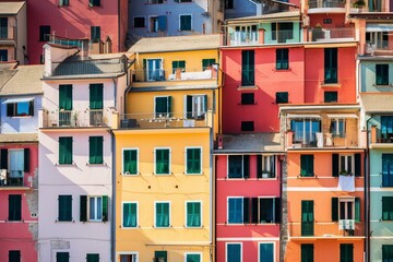 Fototapeta na wymiar Vibrant houses in Cinque Terre, Italy; a picturesque summer resort with artistic printed artwork. Generative AI