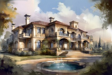 Illustration depicting a lavish contemporary mansion. Generative AI