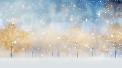 Fotobehang snowy background with winter trees, in the style of light gold and azure, blurred, bokeh, joyful celebration of nature, generative ai © Nia™