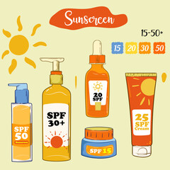 Set of compositions with natural organic cosmetic products in bottles, jars, tubes for skincare. Flat lay photography of skincare products