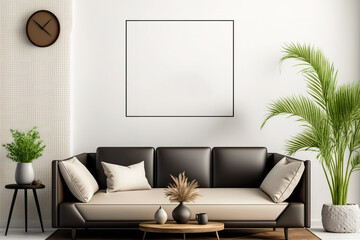 A clean billboard hangs on the wall and a tiny tablet with decorative items is placed in a bright living room. a mockup. Generative AI