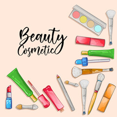 Set of compositions with natural organic cosmetic products in bottles, jars, tubes for skincare. Flat lay photography of skincare products