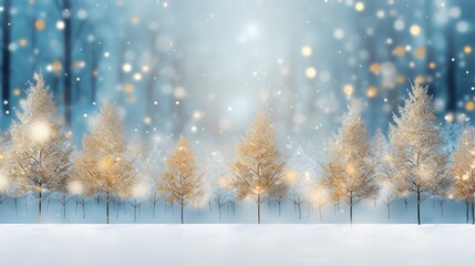 Fototapeta na wymiar snowy background with winter trees, in the style of light gold and azure, blurred, bokeh, joyful celebration of nature, generative ai