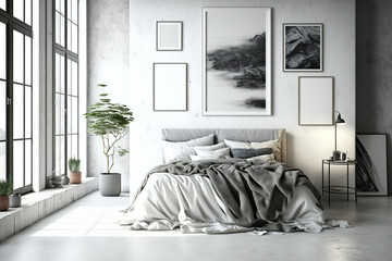 bedroom with bed, pictures, and floor. mockup studio artist. Generative AI