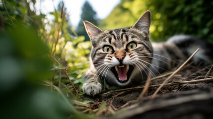Naklejka na ściany i meble It's a close-up shot of a tabby cat with striking green eyes, mid-meow or hiss, surrounded by lush greenery. The cat's expressive face, sharp whiskers, and open mouth are prominently displayed against