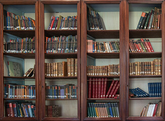 Old books on the shelves of an old library