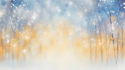 snowy background with winter trees, in the style of light gold and azure, blurred, bokeh, joyful celebration of nature, generative ai