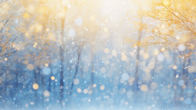 snowy background with winter trees, in the style of light gold and azure, blurred, bokeh, joyful celebration of nature, generative ai © Nia™