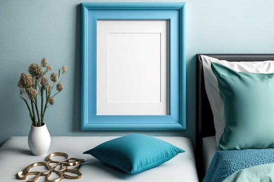Mockup of a blue photo frame for interior design. Generative AI