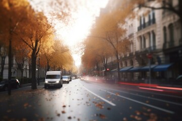 Fototapeta na wymiar Blurred city street during autumn. Generative AI