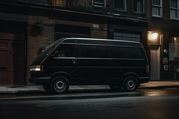 A dark van parked on a city street, viewed from the side. Generative AI