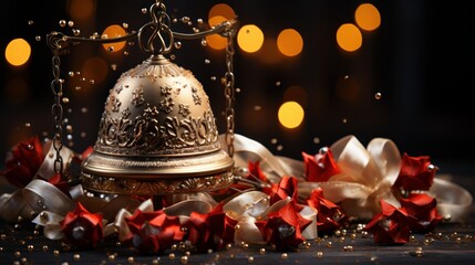 Christmas bell on the Christmas tree, decorative Christmas bell background, golden Christmas bell, dark background with copy space