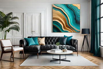 Marble abstract acrylic painting in the interior of the room. Marbling artwork texture.