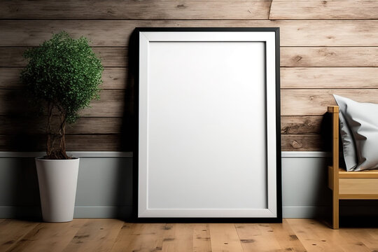 Mockup of a frame on a wooden floor. Poster mockup. Modern, tidy, and simple frame. blank frame Display text or a product inside. Generative AI
