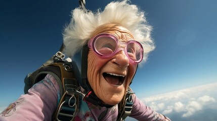 With a smile in the sky, senior lady proves age can't stop the fun of skydiving.