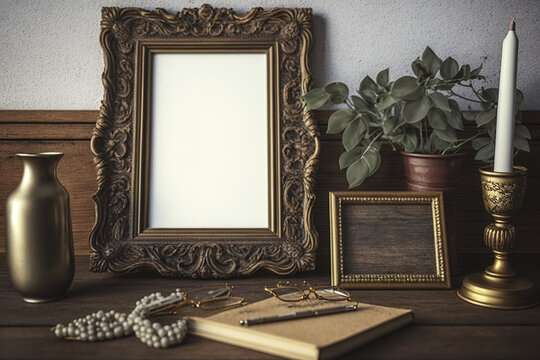 Wooden desk accessories in an antique and vintage style. A mock-up or empty picture frame. Generative AI