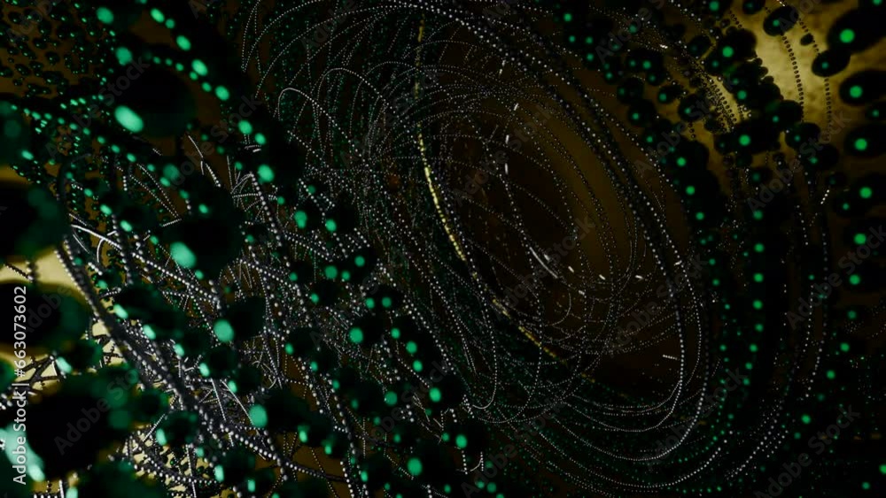 Poster abstract animated tangled lines and small spheres. design. rotating complex structure.