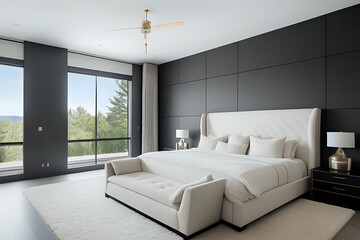 Spacious interior of designer master bedroom in contemporary home.