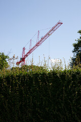 Fragment of a large construction crane behind a bush