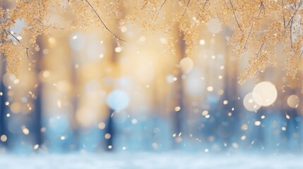 snowy background with winter trees, in the style of light gold and azure, blurred, bokeh, joyful celebration of nature, generative ai