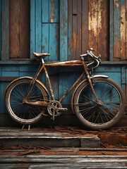 Fototapeta na wymiar old bicycle against blue wall