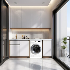 sleek washing machine in a modern bathroom