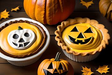 Pies with pumpkin face for Halloween. AI generated content