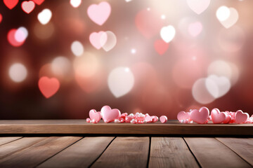 Valentine's Day themed background, with an empty pastel color wooden table for product display,...