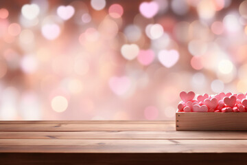 Valentine's Day themed background, with an empty pastel color wooden table for product display, abstract background with bokeh defocused lights.