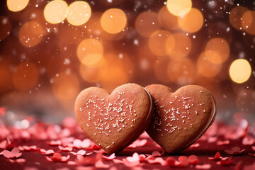 Obraz premium Valentine's Day cookies, The pink hearts bokeh background should feature sparkling lights, creating a dreamy and magical ambiance.