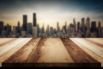Fototapeta premium Beautiful Chicago skyscrapers in the daytime in the background of an empty wooden table top. Generative AI