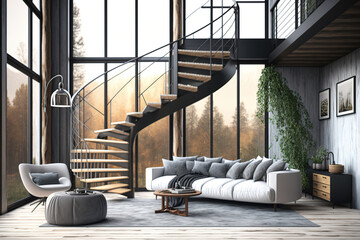 Mezzanine living area, curving glass railing, modern design, interior scene and mockup. Generative AI - obrazy, fototapety, plakaty