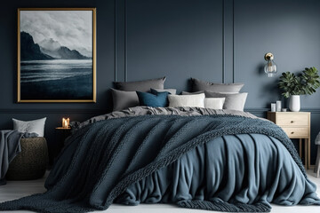 Dark blue blanket on king-size bed in grey bedroom. Generative AI