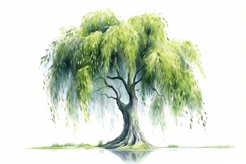 Realistic isolated willow tree illustration in light green watercolor during the summer, against a white background. Generative AI