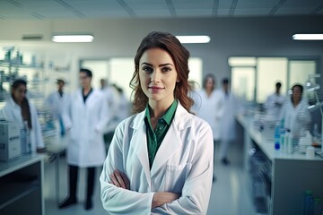 Beautiful young woman scientist wearing white coat and glasses in Medical Science Laboratory with Specialists Team at Back