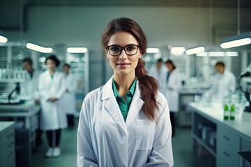 Beautiful young woman scientist wearing white coat and glasses in Medical Science Laboratory with Specialists Team at Back